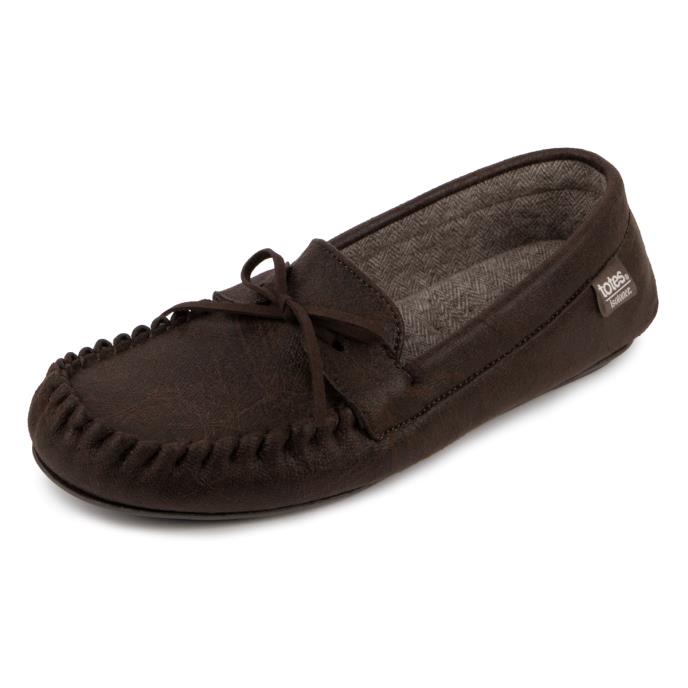 Isotoner Mens Distressed Moccasin Slipper With Herringbone Sock Brown Extra Image 2